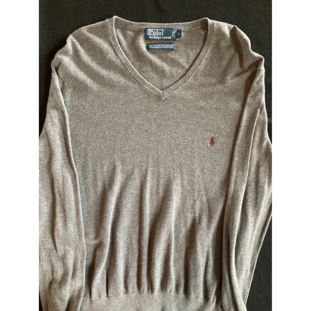 Polo Ralph Lauren Men Grey Cotton Cashmere V-Neck Sweater Large Pony Logo L